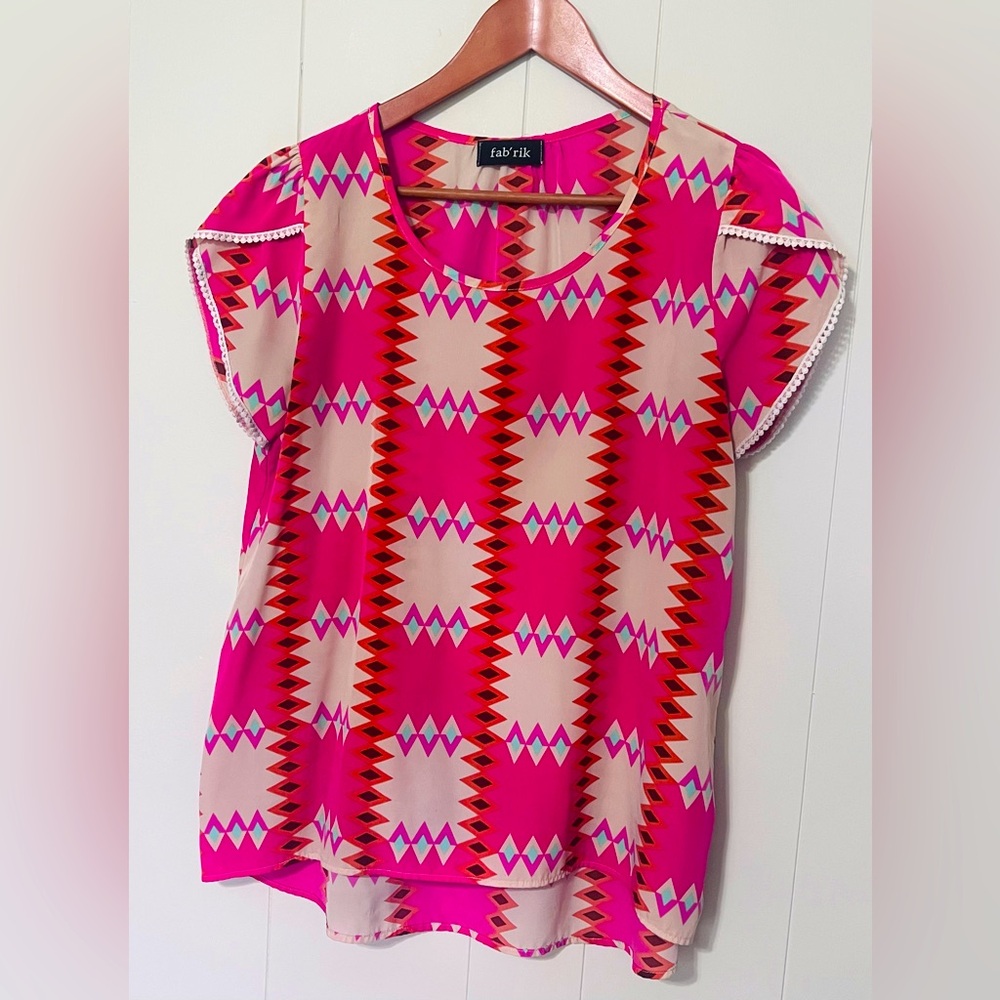 Fab'rik Vibrant Pink and Cream Patterned Blouse